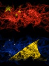 China, Chinese vs New Zealand, Tokelau smoky mystic flags placed side by side. Thick colored silky abstract smoke flags