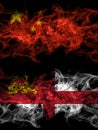 China, Chinese vs United Kingdom, Great Britain, British, Sark smoky mystic flags placed side by side. Thick colored silky
