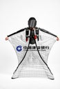 China Construction Bank. Men in wing suit equipment.Demonstration of popular brands. Simulator of free fall. Royalty Free Stock Photo