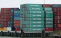 Chinese freight containers stacked in Rotterdam harbor