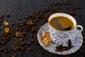 China cup of coffee on black background Royalty Free Stock Photo