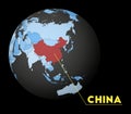 China on dark globe with blue world map. Royalty Free Stock Photo