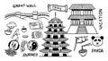 China doodle hand drawn set objects, travel drawing collection. Vector illustration vacation, temple building, destination and