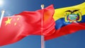 china and ecuador flags waving in the wind against a blue sky. chinese, ecuadorian national symbols 3d rendering