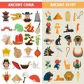 China and Egypt great civilizations color flat icons set