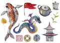 China, element, teapot, housing, flashlight, red, bamboo, carp, fish, gold, vase, coin, sign, flag