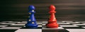 China and European Union flags on chess pawns on a chessboard. 3d illustration