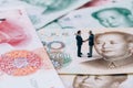 China finance tariff trade war negotiation talk concept, miniature people businessman leader handshaking on Chinese yuan banknote