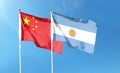 China flag and Argentina flag on cloudy sky. Royalty Free Stock Photo