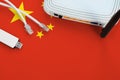 China Flag Depicted On Table With Internet Rj45 Cable, Wireless Usb Wifi Adapter And Router. Internet Connection Concept