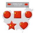 China flag icons set in the shape of square, heart, circle, stars and pointer, map marker. Mosaic map of china. Chinese flag Royalty Free Stock Photo