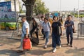 China, Guangzhou - October 19, 2019: Guangzhou City Railway Station. People with bags go to the station, board a high-speed Royalty Free Stock Photo