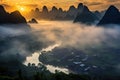China Guilin Yangshuo landscape scenery at sunrise with fog, AI Generated Royalty Free Stock Photo