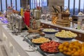 China, Hainan Island, Dadonghai Bay - December 1, 2018: Dadonghai Hotel Sanya, Different dishes in the hotel restaurant, buffet,