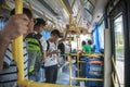 China, Hainan Island, Dadonghai Bay - December 1, 2018:Payment system in Chinese buses with the application in the smartphone