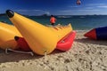 China, Hainan Island - December 1, 2018: Yalong Bay, the best beach in Hainan Island,Banana boat lay on the beach,editorial Royalty Free Stock Photo