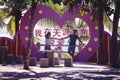 China Hainan Island Sanya Park Edge of the World Symbol of love Valentines and hearts hang on a big heart