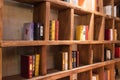 China,Hegang city-05 FEB 2018:vintage style books display in wood shelf view