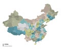 China higt detailed map with subdivisions. Administrative map of China with districts and cities name, colored by states and