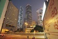 China Hong Kong illuminated skyscrapers and blurred traffic