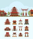 China houses. Traditional east buildings beautiful roof japan architectural objects vector flat illustrations