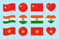 China, India, Vietnam flags vector set. Flat isolated icons. Chinese, Indian, Vietnamese national symbols collection. Web, sports