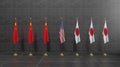 China, Japan and USA flags. Flag China and Flag Japan and USA. Conflict between China vs Japan. 3D work and 3D image Royalty Free Stock Photo