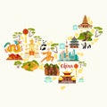 China landmarks, map silhouette. Hand drawn vector illustration