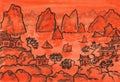 China landscape in orange colour, painting Royalty Free Stock Photo