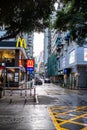 China, Macao street front photo in the morning of old buildings in one of the tidiest areas in Macao with a Mcd sign Royalty Free Stock Photo