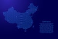 China map abstract schematic from blue lines repeating pattern geometric background with rhombus and nodes with space stars for