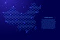 China map from futuristic hexagonal shapes, lines, points blue and glowing stars in nodes, form of honeycomb or molecular