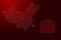 China map from futuristic hexagonal shapes, lines, points red and glowing stars in nodes, form of honeycomb or molecular structure