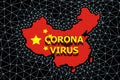 China map with the inscription coronovirus and a black background with a virus spread network. The concept of the spread of the