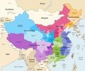 Vector map of China provinces colored by regions with neighbouring countries and territories