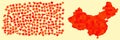 China map shape made out of different shades red - national color - jigsaw puzzle pieces, 215 scattered blocks and finished