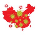 China map silhouette and virus images. Signs prohibiting exit from the country. A concept on the spread of the virus from China