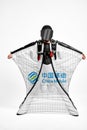 China mobile logo. Men in wing suit equipment.Demonstration of popular brands. Simulator of free fall.