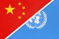 China national fabric flag from textile vs United Nations UN official flag Royalty Free Stock Photo