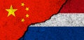 China and Netherlands. Flags background. Concept of politics, economy, culture and conflicts, war. Friendships and