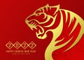 China new year 2022 - gold abstract Roaring tiger zodiac sign with flower texture on red background vector design