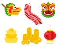 China new year illustration material such as lion dance head, dragon, gold bar