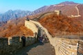 China, November 15, 2019: The Great Wall of China near Mutianyu north from Beijing top of mountains brick wall zigzag doing down