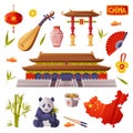 China Object and Traditional Cultural Symbol with Gate and Temple Vector Set