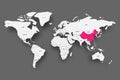 China pink highlighted in map of World. Light grey simplified map with dropped shadow on dark grey background. Vector Royalty Free Stock Photo