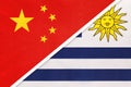 China or PRC vs Uruguay national flag from textile. Relationship between asian and american countries