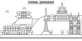 China, Qingdao architecture line skyline illustration. Linear vector cityscape with famous landmarks, city sights