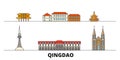 China, Qingdao flat landmarks vector illustration. China, Qingdao line city with famous travel sights, skyline, design.