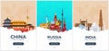 China, Russia, India. Time to travel. Set of Travel posters. Vector flat illustration.