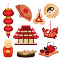 China set. Oriental culture and traditions. Vector illustration. Royalty Free Stock Photo